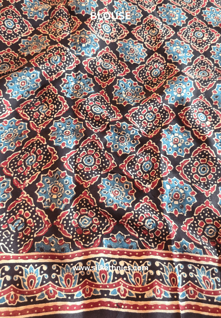 Dark brown Ajrakh hand blockprinted modal saree