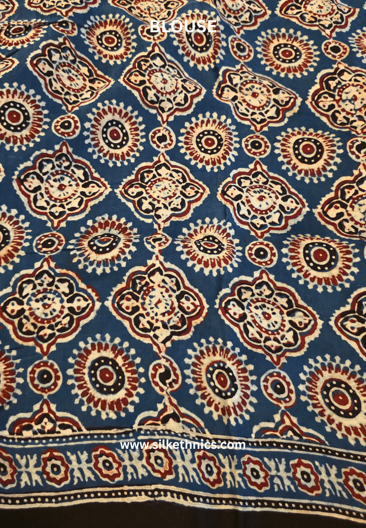 Blue mosaic Ajrakh hand blockprinted modal saree