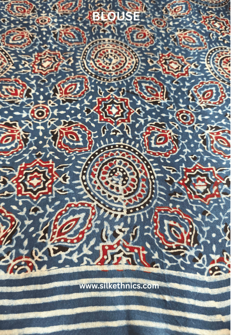 Royal Blue Ajrakh hand blockprinted modal saree