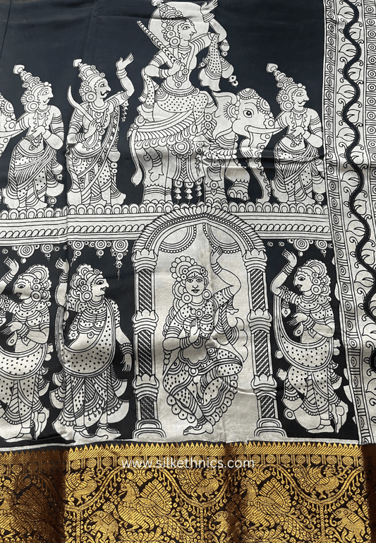 Kanchi border Black & White Kalamkari Block Print Silk Saree