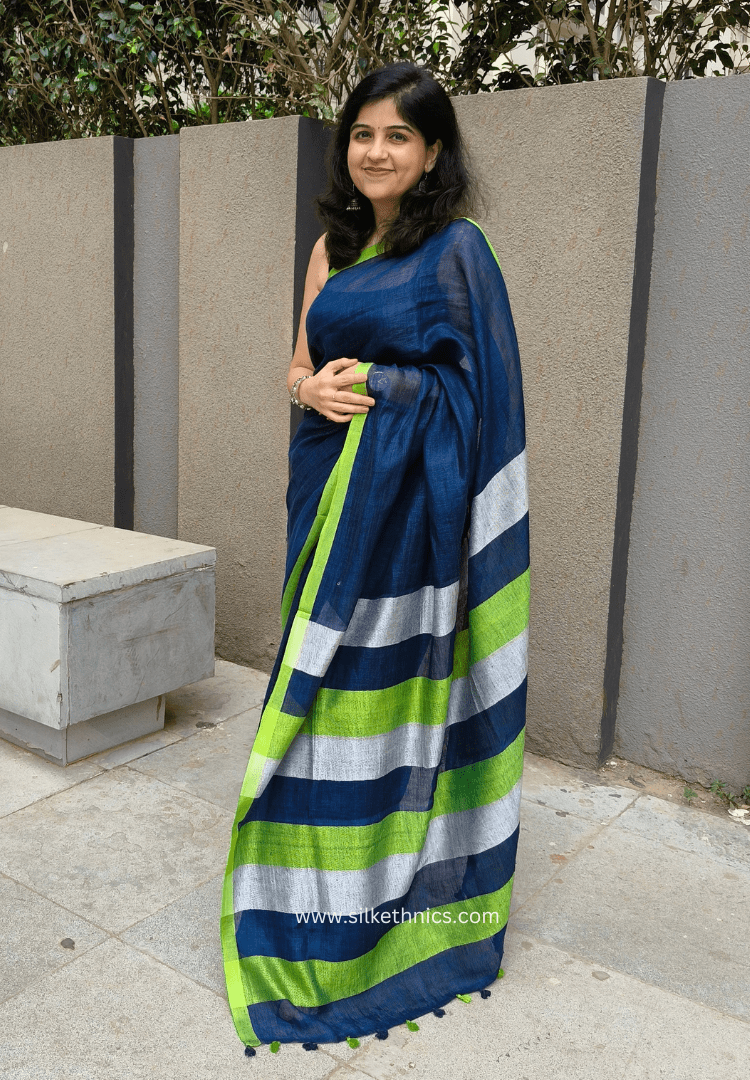 Blue green whispers Varnika linen saree