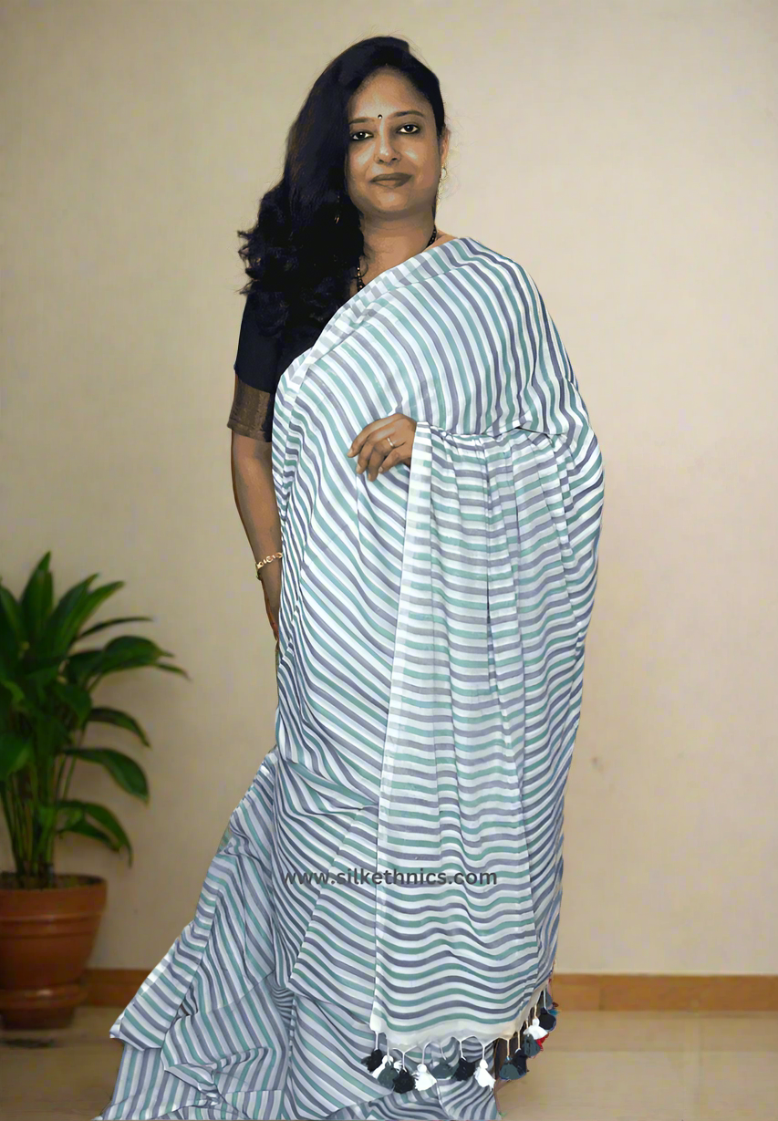 Blue striped Rangreet mulcotton saree