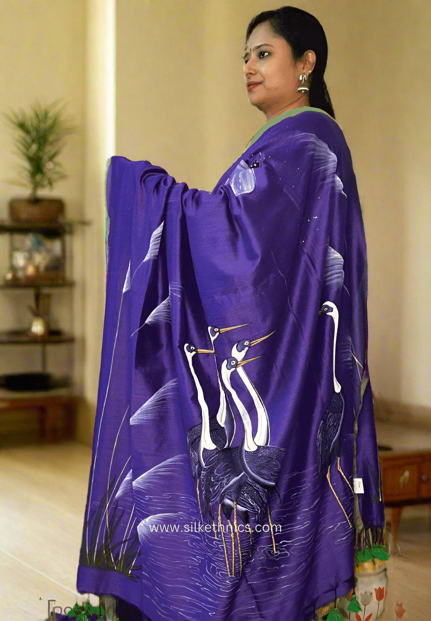 Purple Flamingo handpainted saree