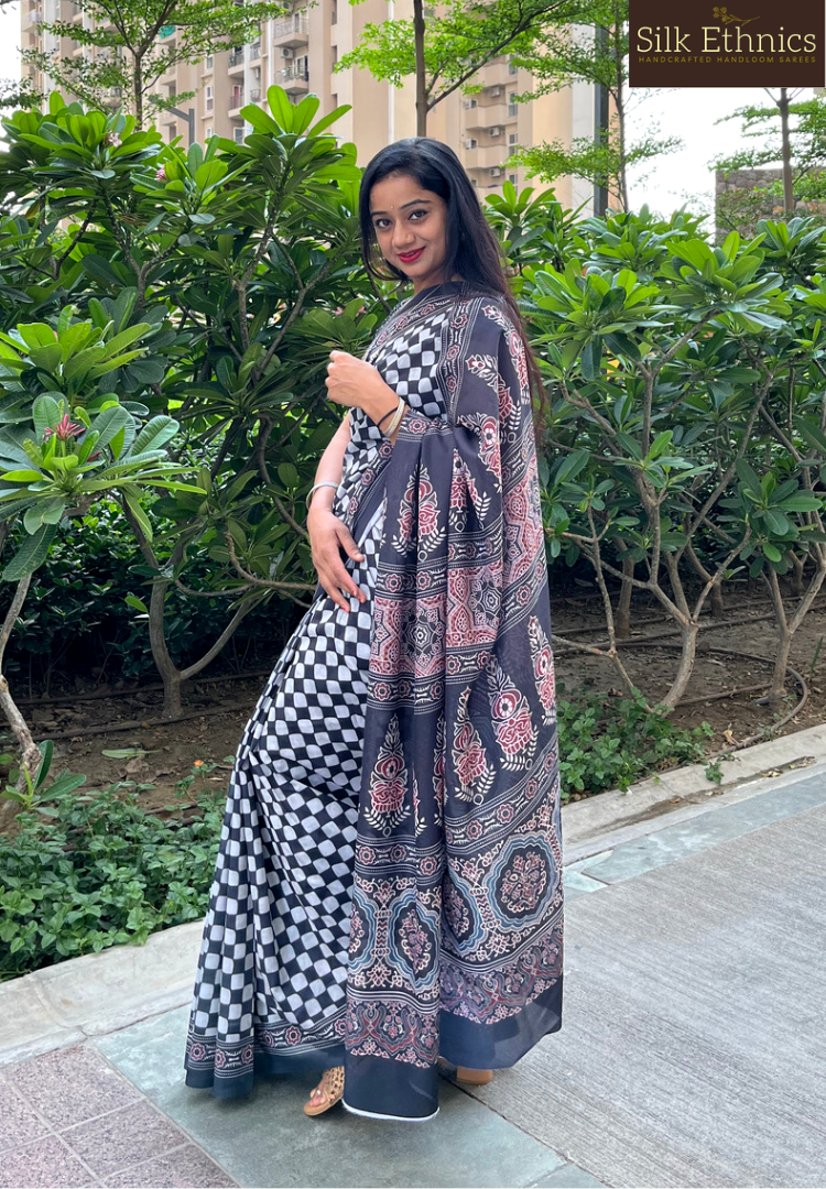 Ready to wear Ajrakh soft silk saree