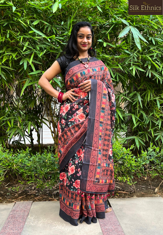 Ready to wear Black Ikkat Patola linen saree