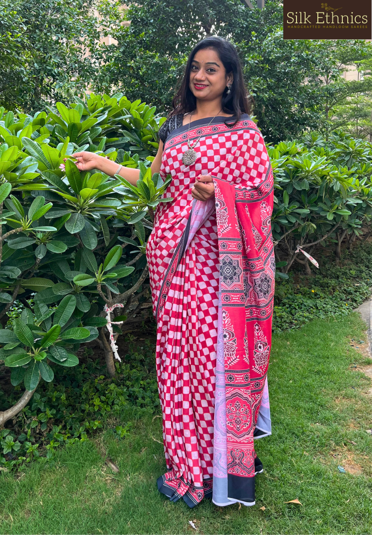 Ready to wear Pink Ajrakh soft silk saree