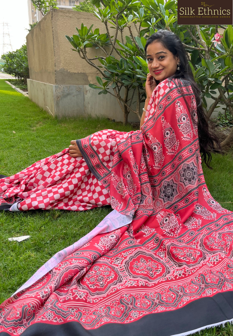 Ready to wear Pink Ajrakh soft silk saree