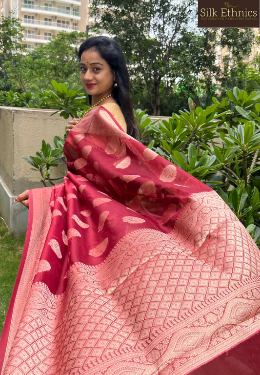 Rich maroon Kora organza silk saree