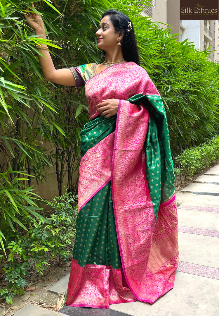 Leaf green soft silk heavy jaquard work saree
