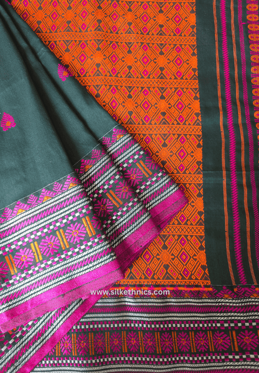 Forest green Assam hand weaving cotton saree