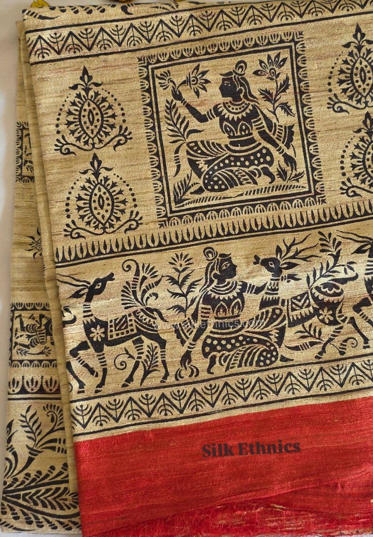 Madhubani printed handloom Gicha Tussar silk saree