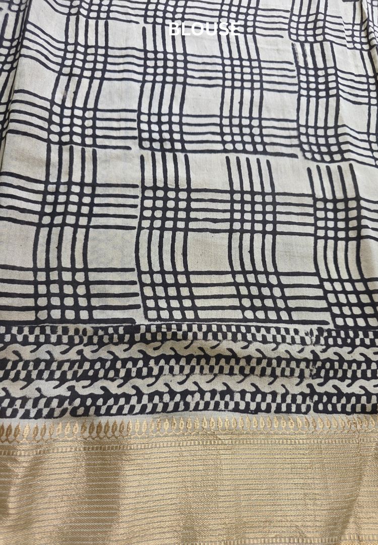 Mustard Ajrakh hand blockprinted Maheswari silk saree