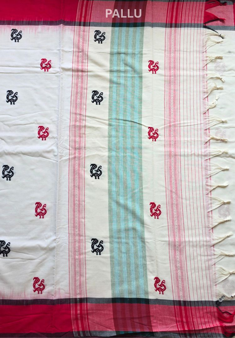 Pearl White Ikkat weaving Dhaniakhali handloom cotton saree