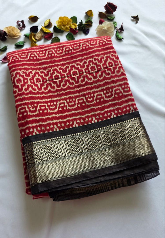 Red hand blockprinted soft modal cotton saree