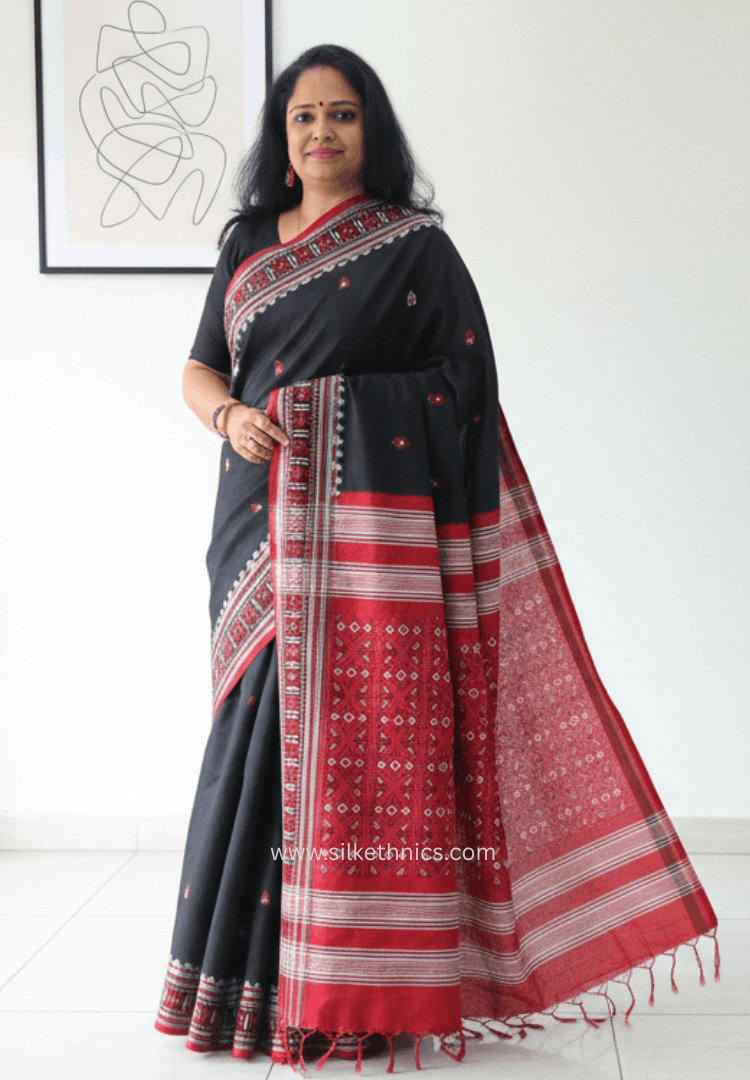 Majestic Black and Red Assam handweaving cotton saree