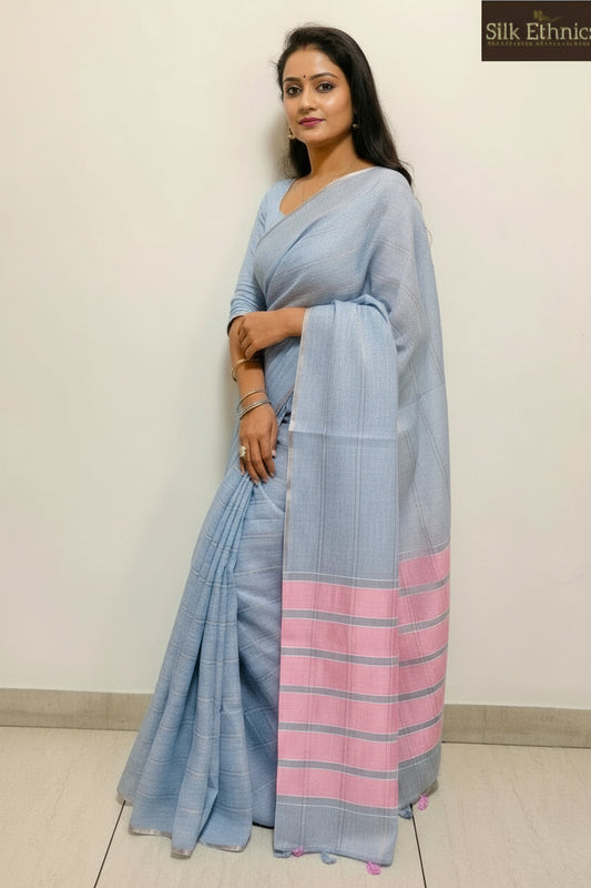 Powder blue and pink Varnika linen saree