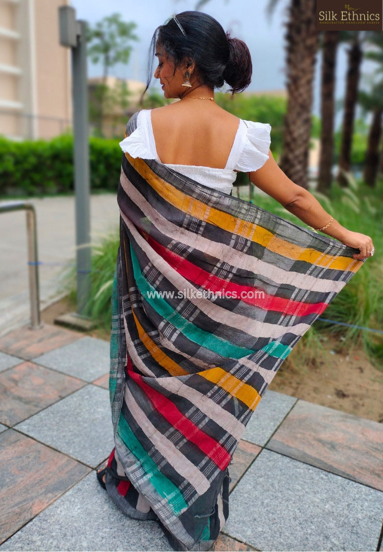 Midnight Mosaic blockprinted Linen saree