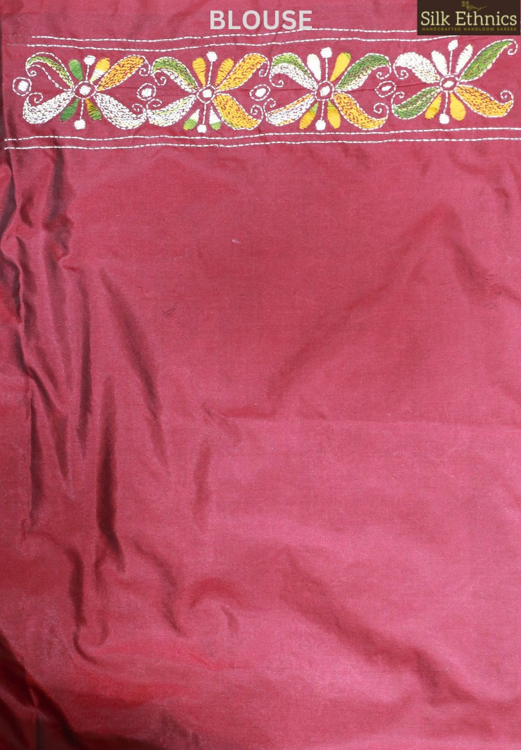 Maroon hand embroidered silk saree