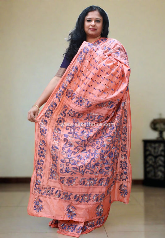 Coral peach hand embroidered saree