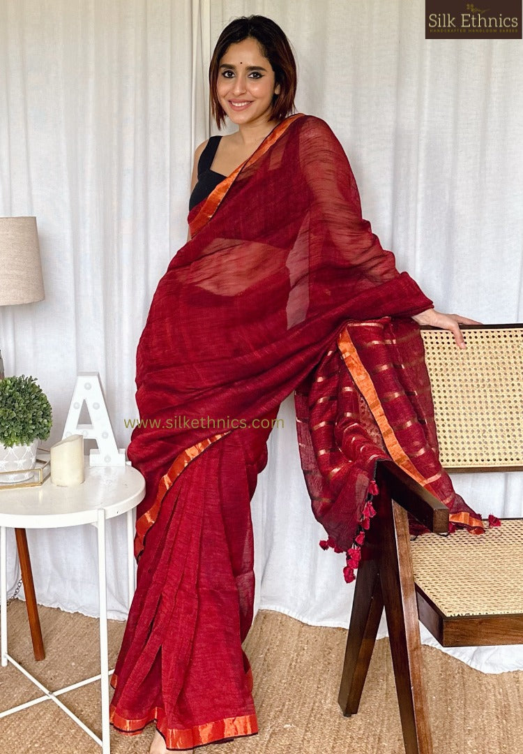 Ruby red Meera linen saree