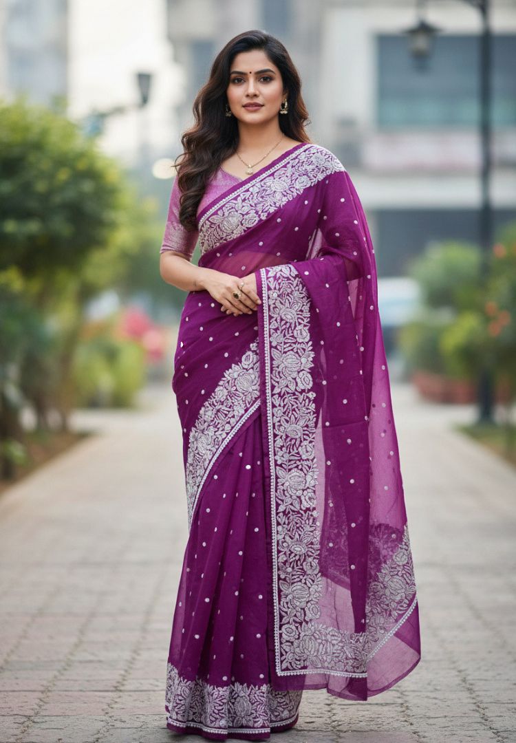 Rich wine Banarasi organza embroidered saree, photo 7 of 7