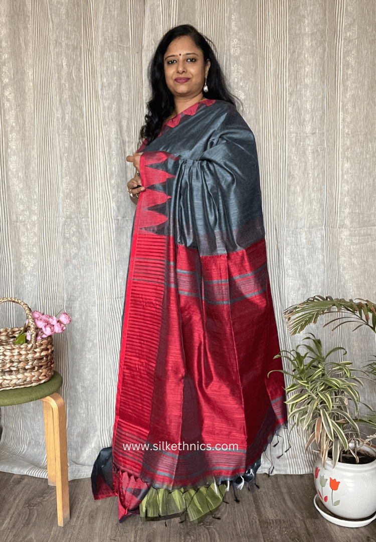 Slate grey and red temple border saree