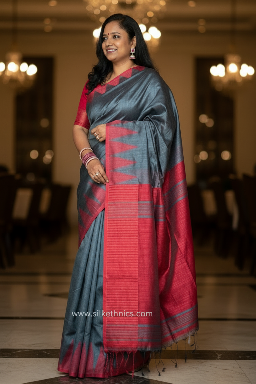 Slate grey and red temple border saree