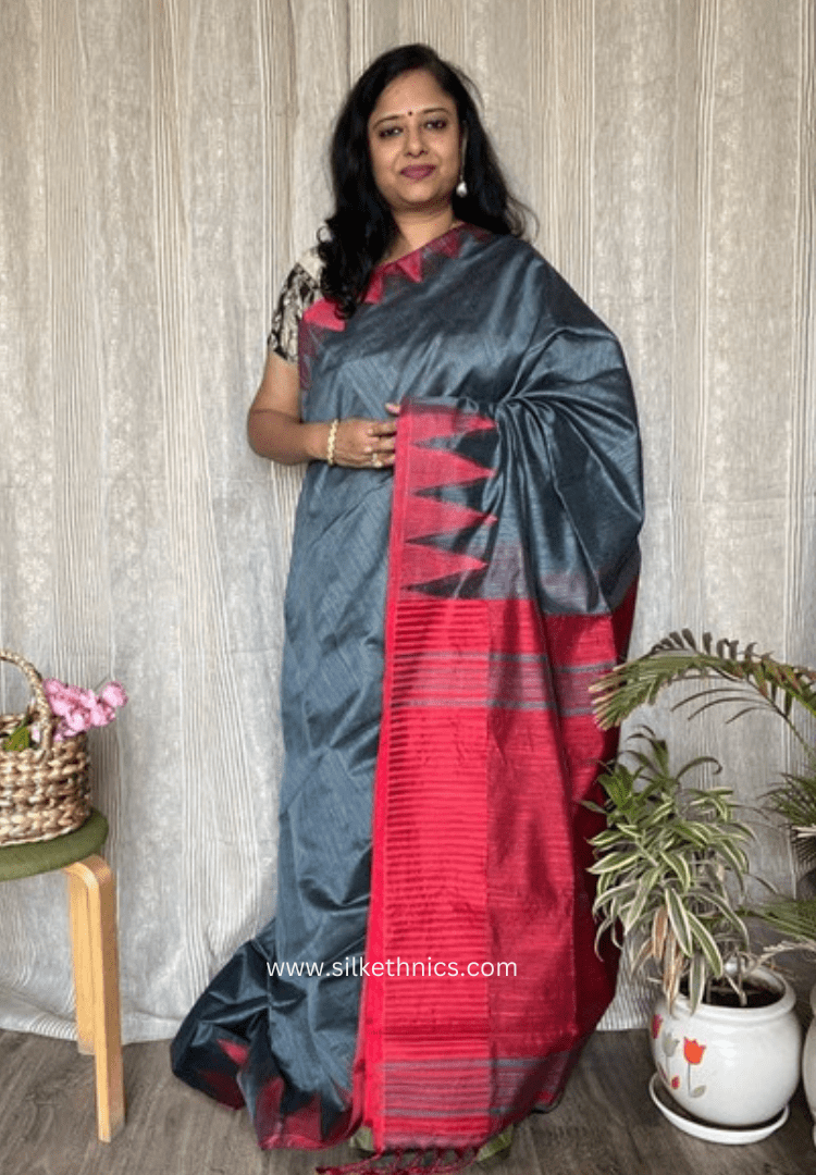 Slate grey and red temple border saree