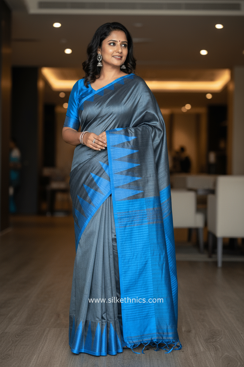 Slate grey and blue temple border saree
