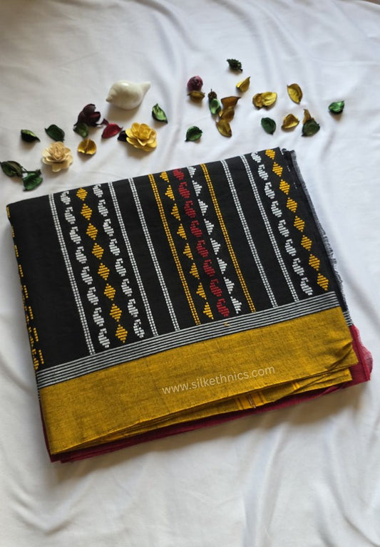 Black and mustard Dhaniakhali Handloom Ikkat Cotton saree