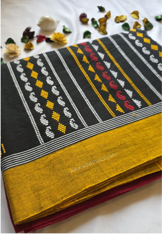 Black and mustard Dhaniakhali Handloom Ikkat Cotton saree