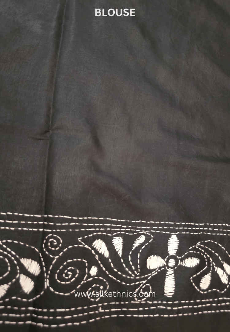 Timeless Black Kantha Hand Embroidered silk saree