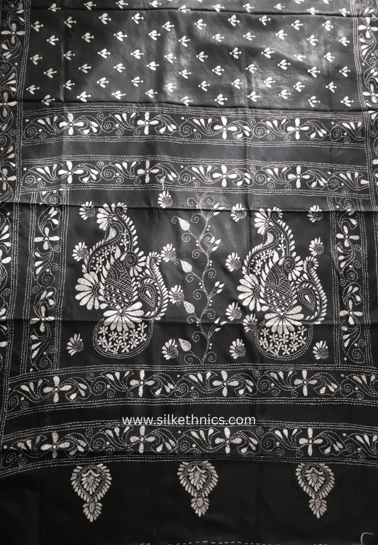 Timeless Black Kantha Hand Embroidered silk saree