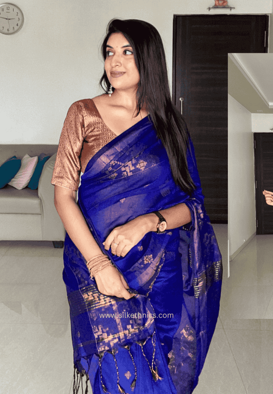 Royal Blue Mul cotton Rangreet zari border saree