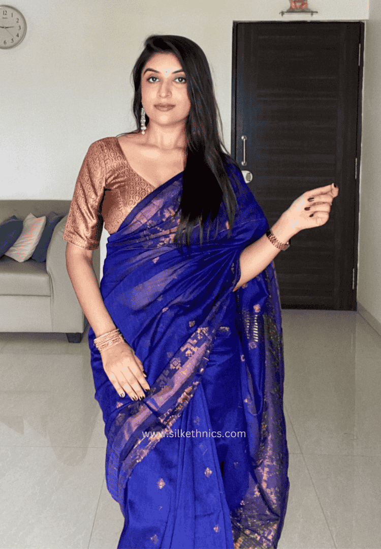 Royal Blue Mul cotton Rangreet zari border saree