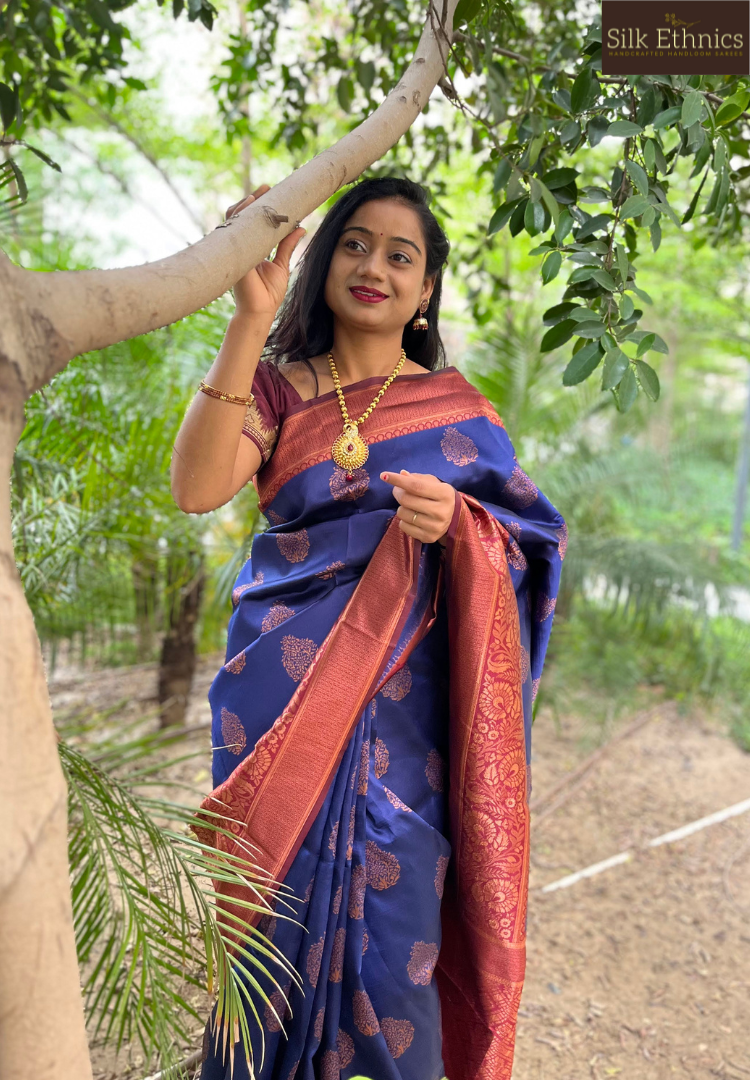 Royal blue dual tone Banarasi saree