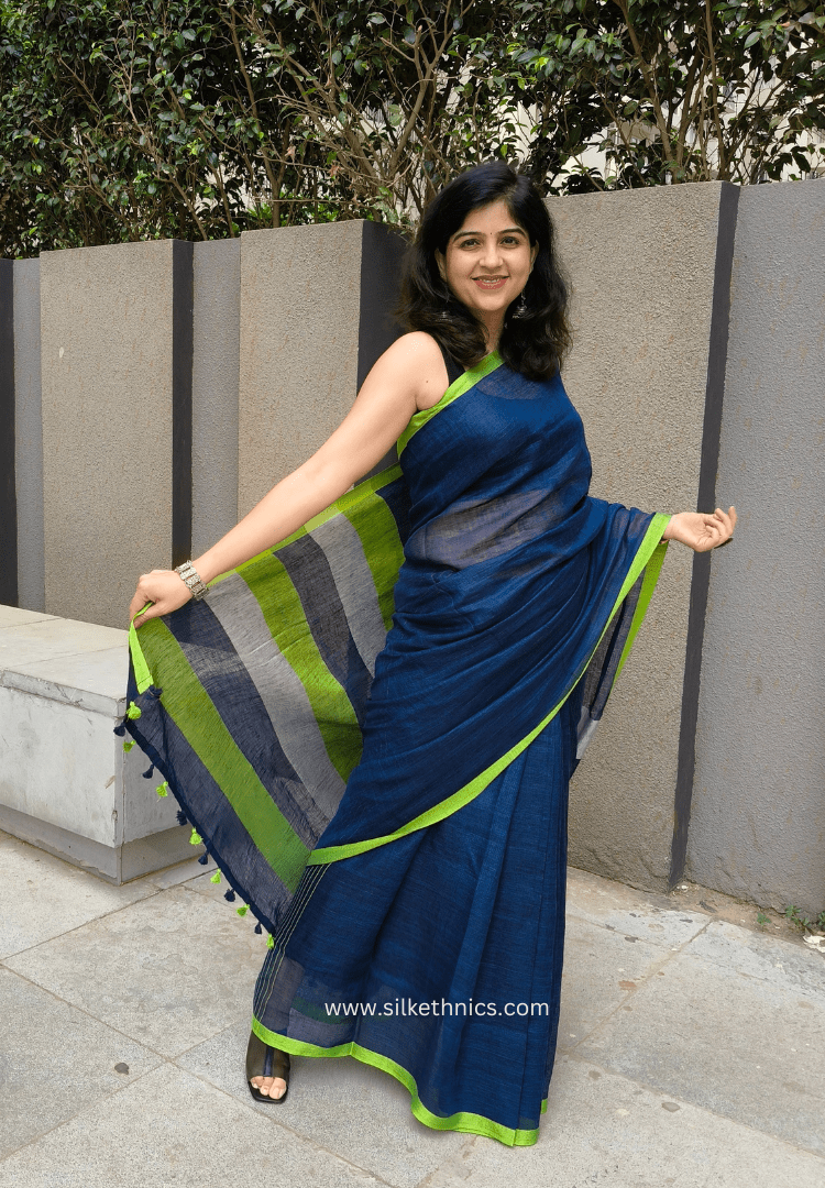 Blue green whispers Varnika linen saree