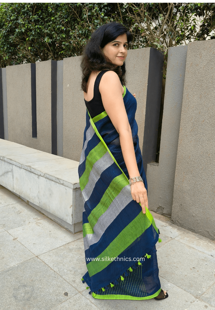 Blue green whispers Varnika linen saree
