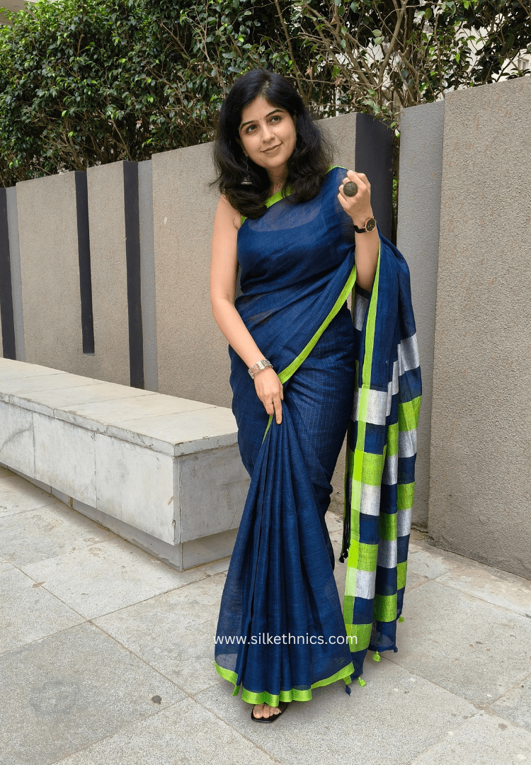 Blue green whispers Varnika linen saree
