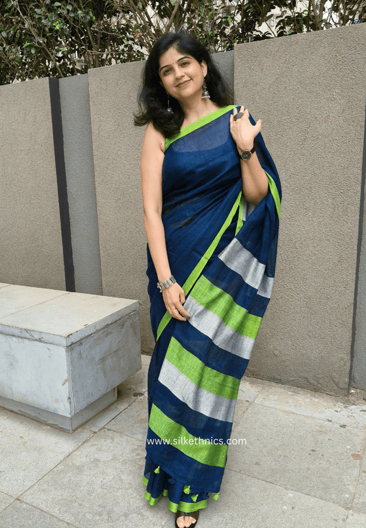 Blue green whispers Varnika linen saree