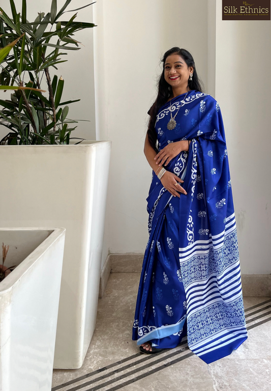 Indigo blue soft Mashru silk saree