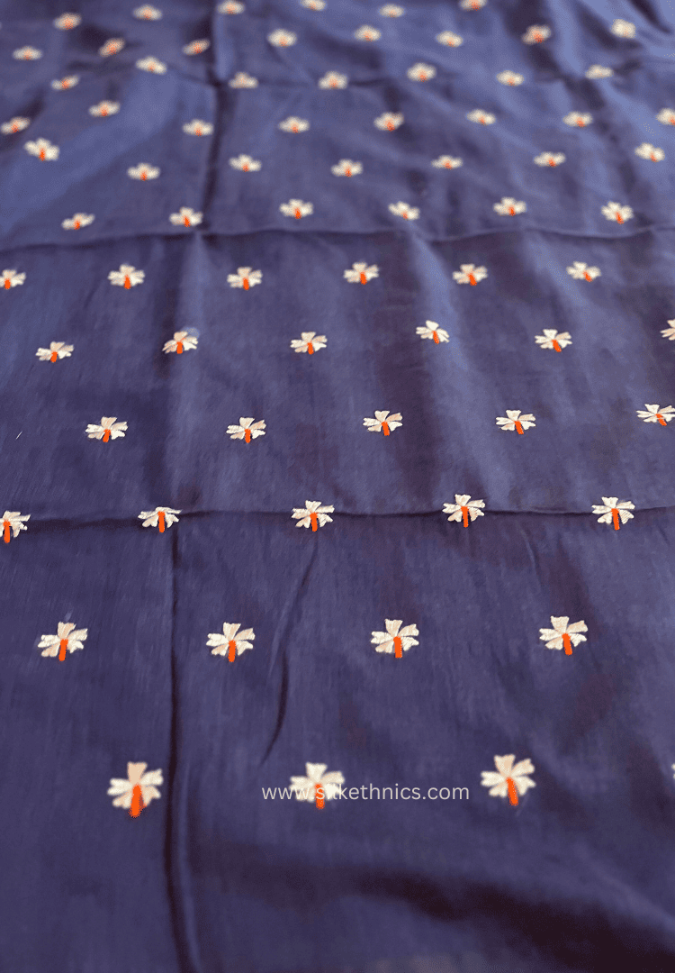 Navy Blue mul cotton embroidered Rangreet saree