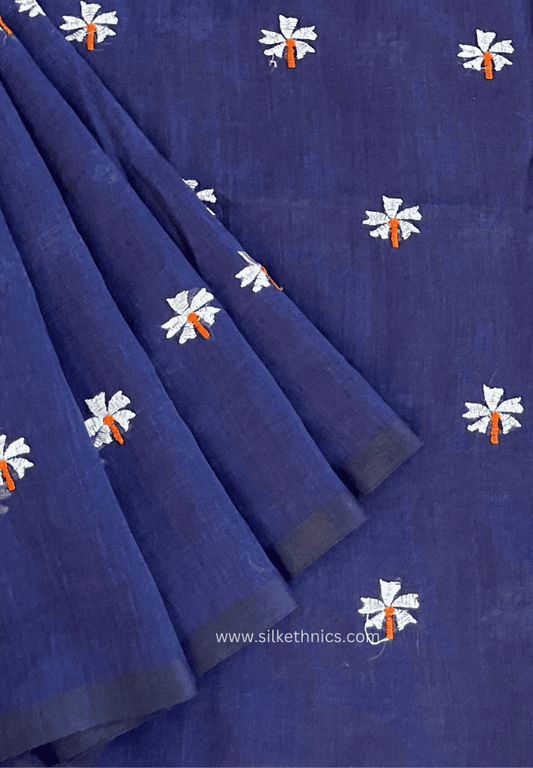Navy Blue mul cotton embroidered Rangreet saree