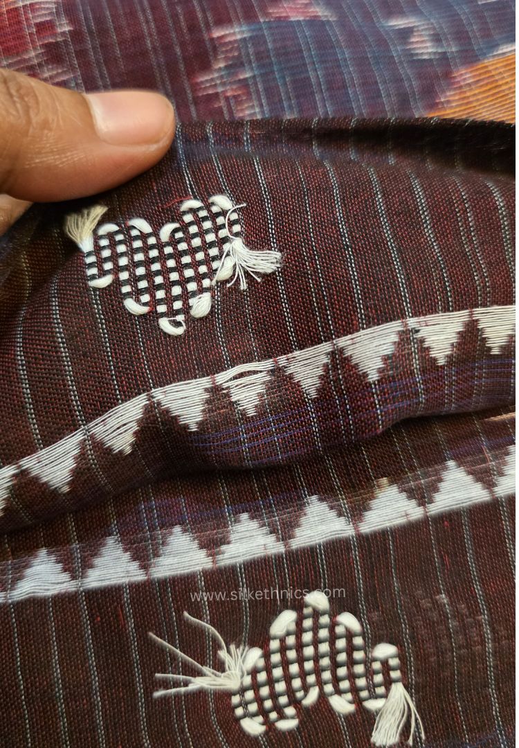 Brown and Pink Dhaniakhali Bengal Handloom Ikkat Cotton saree