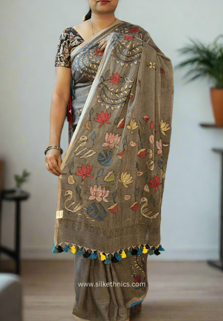 Cedar brown embridered mulcotton saree