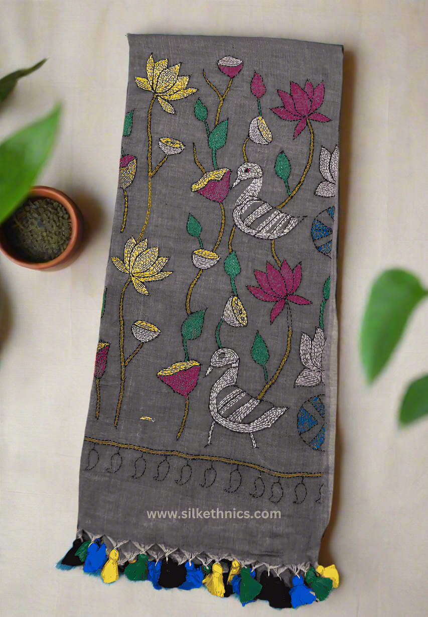 Cedar brown embridered mulcotton saree