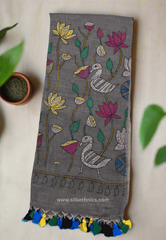 Cedar brown embroidered mulcotton saree