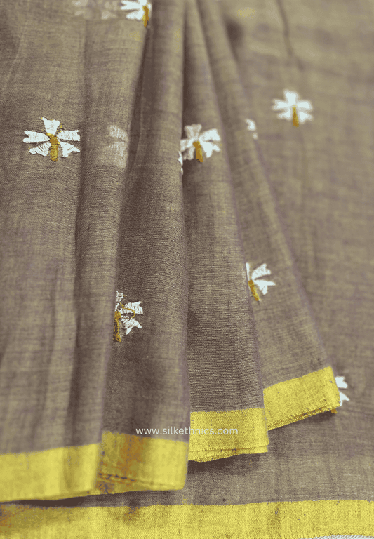 Beige Rangreet embroidered mul cotton saree