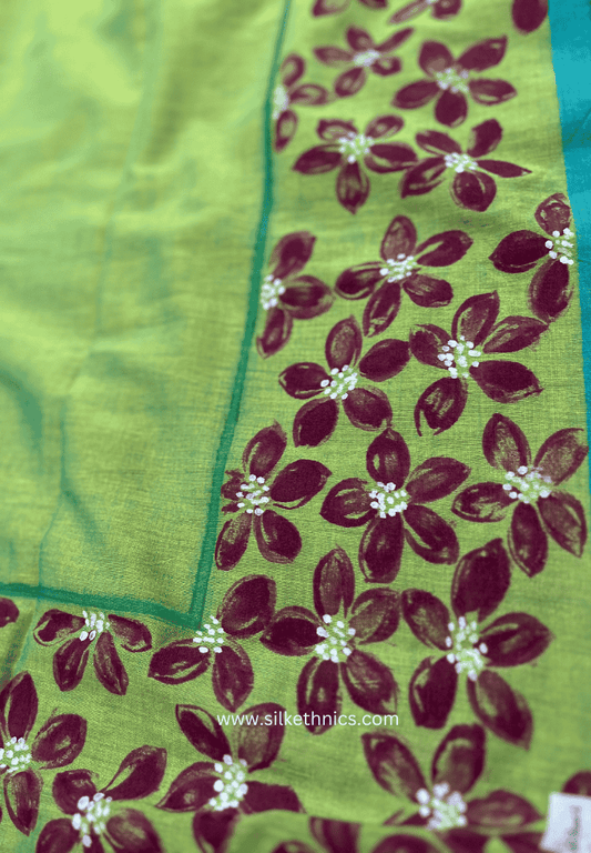 Lime green floral handpainted saree