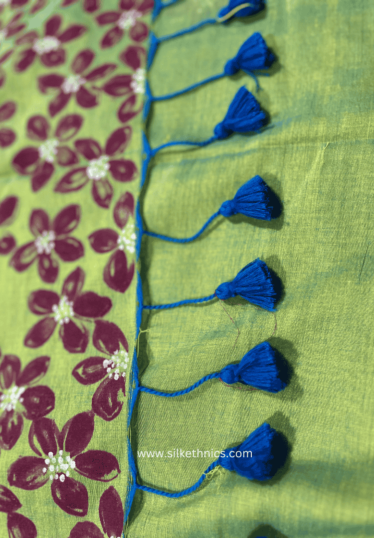 Lime green floral handpainted saree